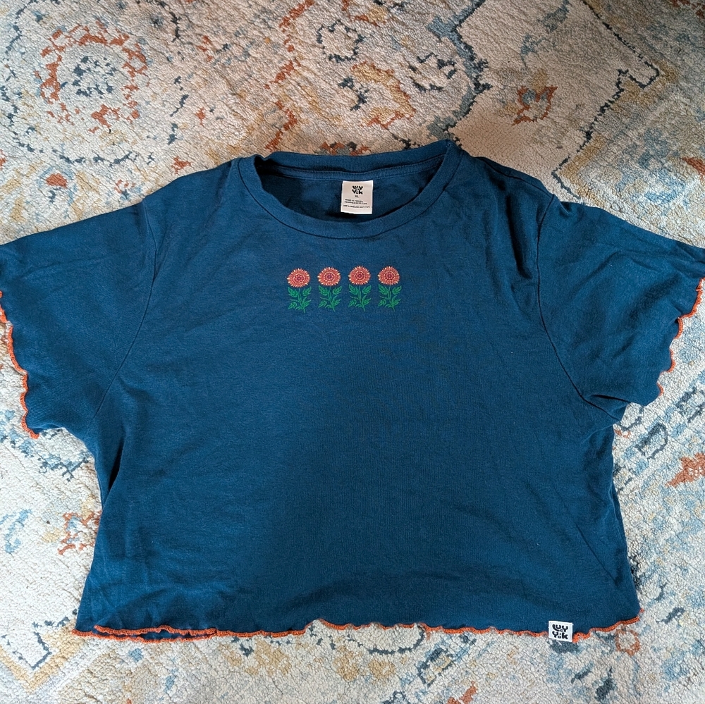 Lucy & Yak sunflower lettuce hem blue crop top